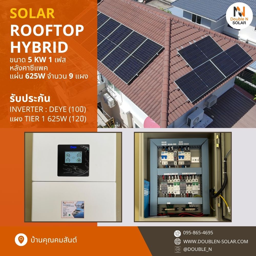 ผลงานการติดตั้งโซล่ารูฟท็อประบบ Hybrid ขนาด 5 kW 1 เฟส ณ บ้านคุณคมสันต์